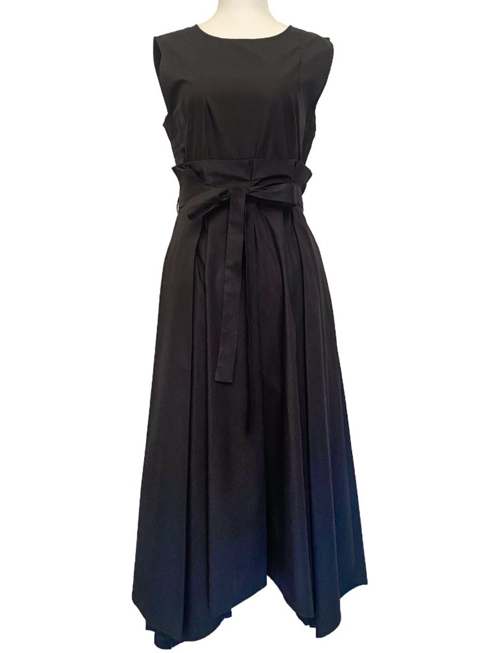 Chepe Italy Black Sleeveless Tie-Waist Midi Dress Paperbag-style, Full Pleated
